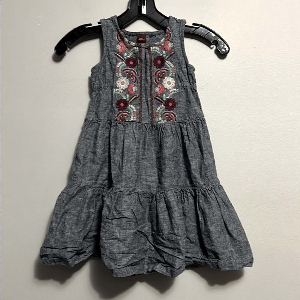 Tea Collection Embroidered Floral Chambray Linen Blend Tiered Dress Size 3